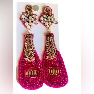 Seed Bead & Pearl Fuchsia Champagne Bottle Earrings